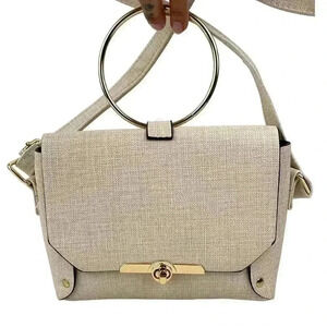 Beige Shoulder Bag Gold Round Handle Crossbody Purse - Handbag Gold Hardware